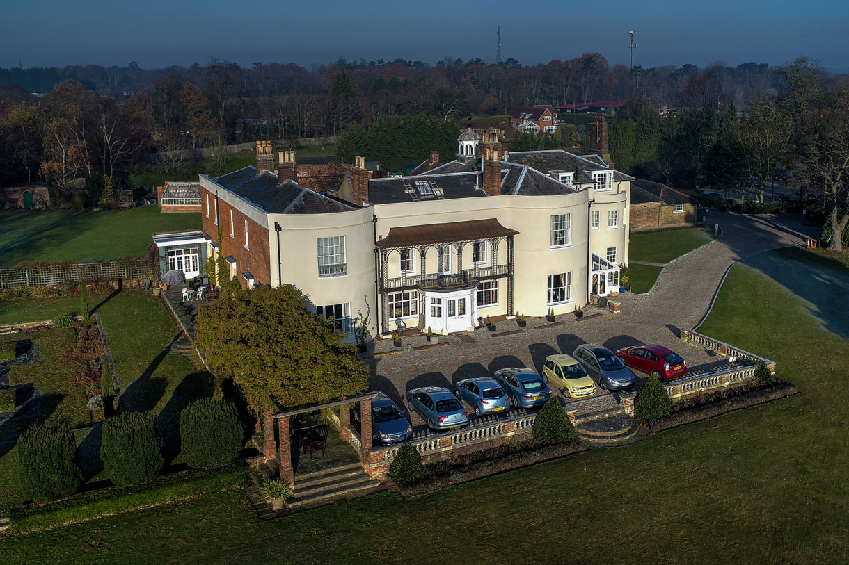 Aerial view of front of Pilgrims Hall